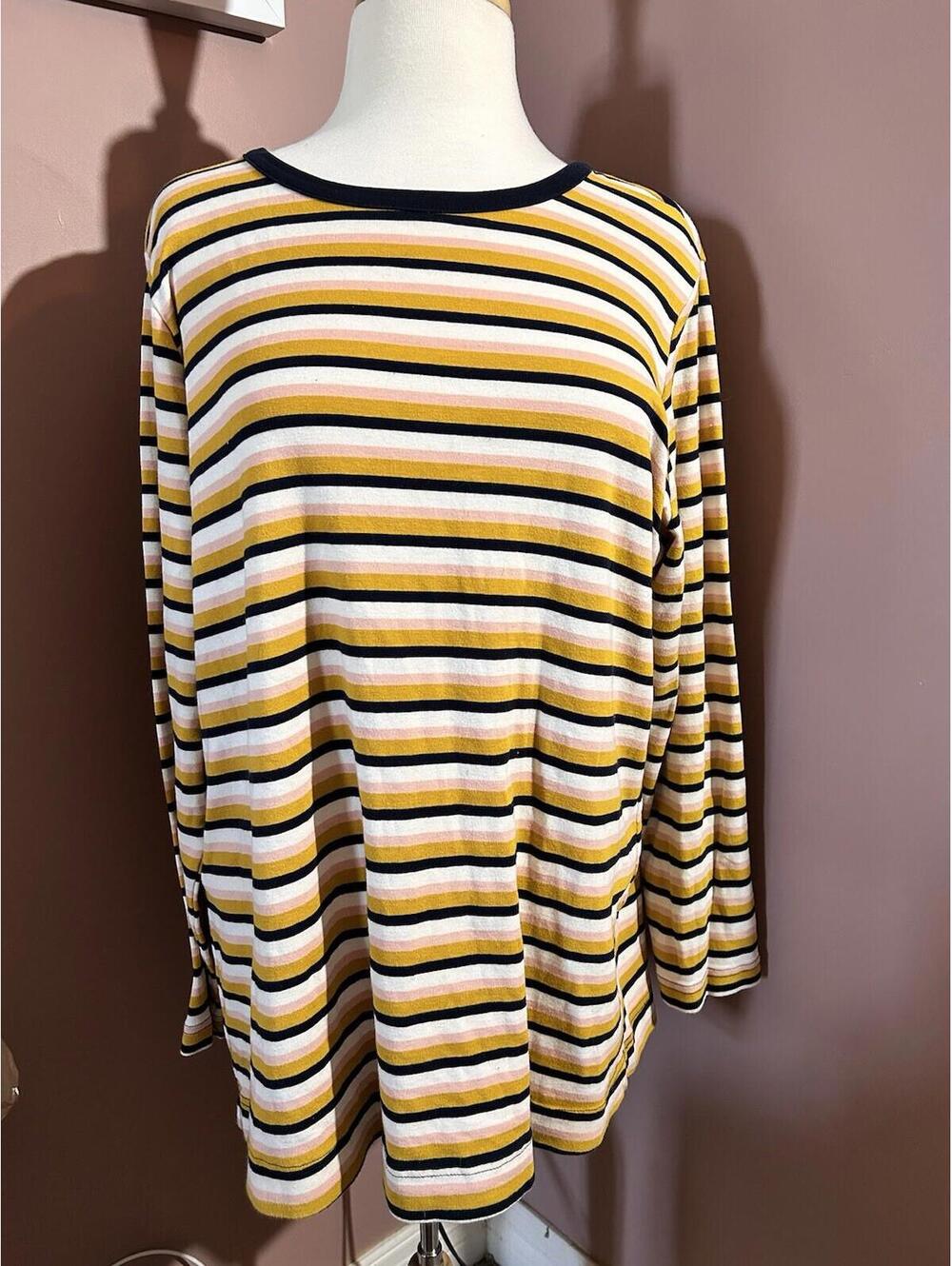 Duluth Trading Co No Yank Long Sleeve T Shirt Womens 1X Yellow Pink Navy Stripe